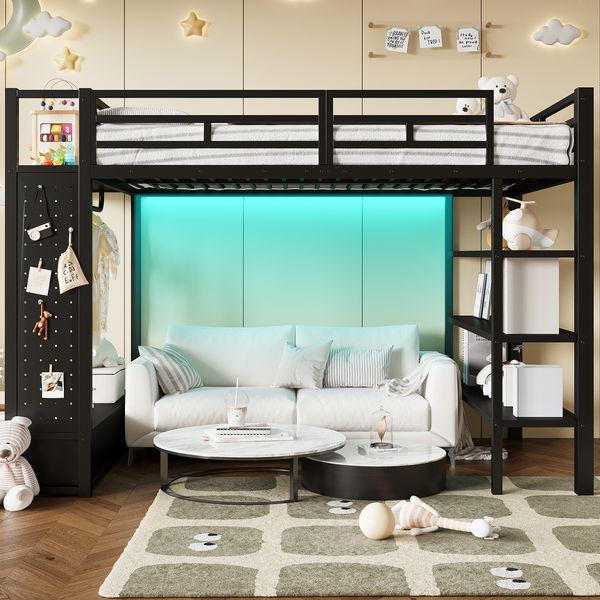 Merax Hochbett, 140x200cm, Doppelbett, mit offenem Kleiderschrank, mit Ablagefächern, Lochwand und LED-Beleuchtung, schwarz