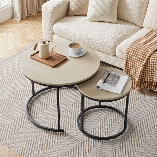 BBWL Couchtisch Set rund 2er Eichenfurnier Metallgestell verschachtelbar, moderner Wohnzimmertisch platzsparend Beistelltisch