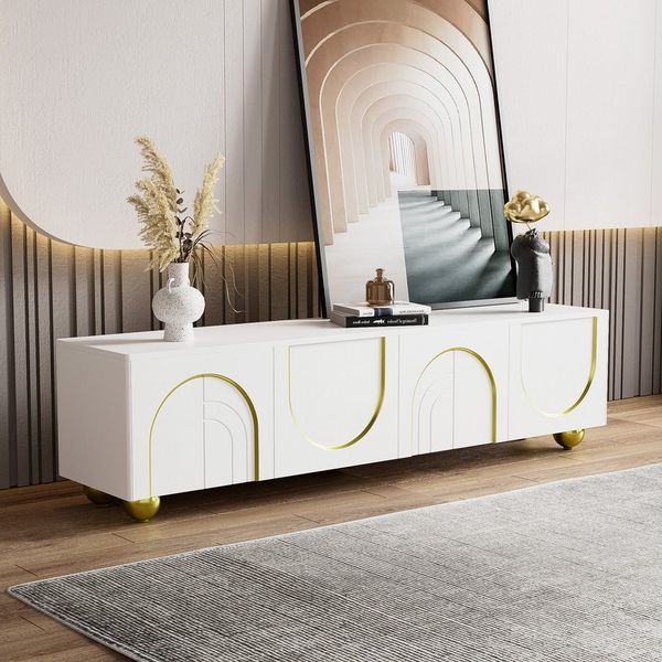 STILVORA Lowboard 170×38cm TV-Schrank in wohnzimmer,Fernsehschrank weiß mit Regal (Fernsehtisch, TV-Board mit Metallbeine, 1 St, 4 Türen), Push-Open-Mechanismus,mit goldenen Bögen und exquisiten Schnitzereien