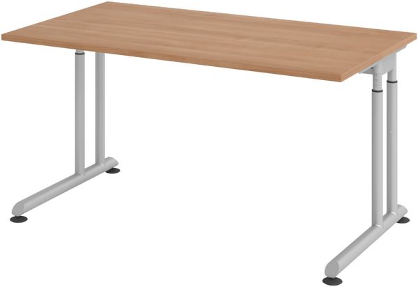 bümö höhenverstellbarer Schreibtisch Z-Serie 140x80 cm in Nussbaum, Gestell in Silber - PC Tisch klein für's Büro manuell höhenverstellbar, Computertisch verstellbar, ZS-14-N-S