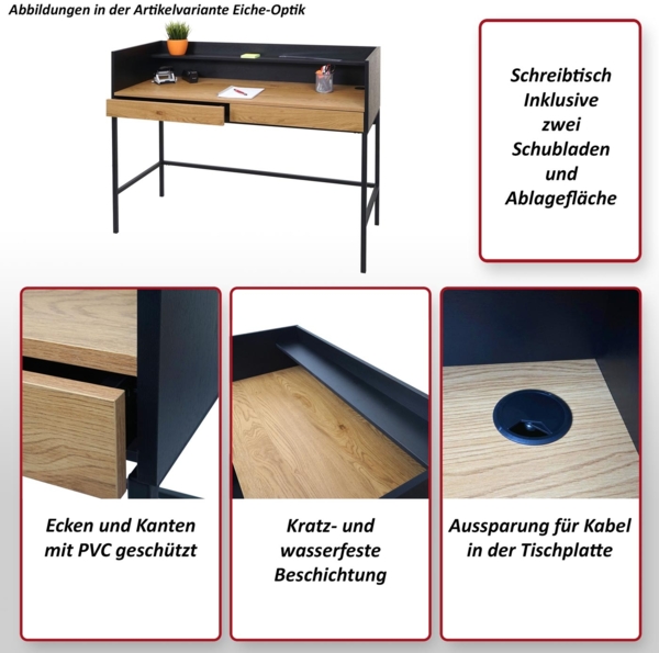 Schreibtisch HWC-J79, Bürotisch Computertisch Arbeitstisch, Schublade 120x50cm Holz Metall ~ Eiche-Optik Bild 2