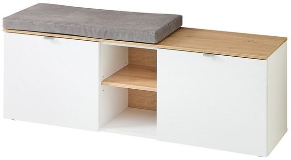 Lomadox Schuhbank BLISS-36, Bank Garderobe Flur inkl. Sitzpolster weiß matt Eiche 128 x 49,3 x 37,4 cm