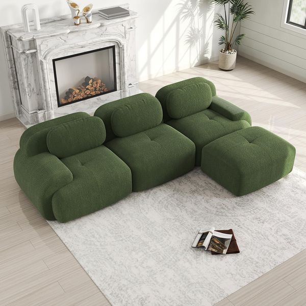 Ball & Cast Cord Sofa, Boneless Couch mit Ottomane, Ohne Montage, Sofa Modular mit Polsterung für Wohnzimmer, Schlafzimmer, Grün, 3 Sitze + 1 Ottomane