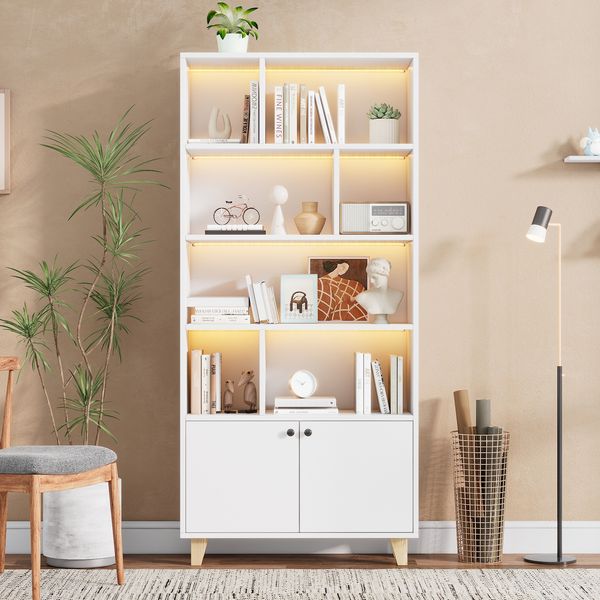 Weißes Bücherregal mit LED-Licht & Massivholzbeinen, 80x30x173 cm