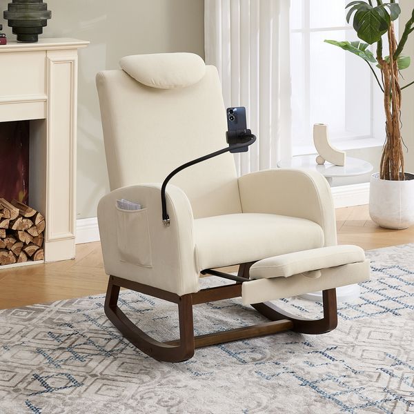 Multifunktionaler Schaukelstuhl mit hoher Rückenlehne, Cordbezug in Beige, Kopfstütze & seitlicher Tasche