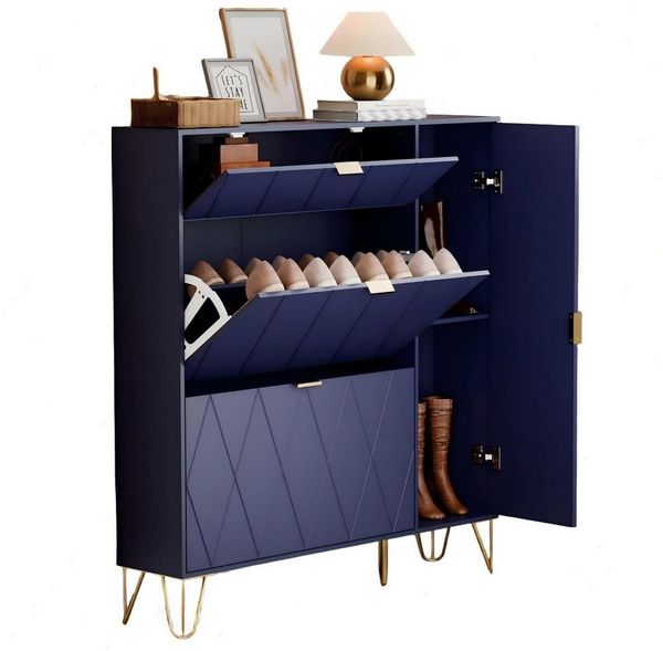 UEV Schuhschrank mit 4 Klappen schmal Schuhkipper Schuhregal (105x24x120cm) verstellbare und herausnehmbare Trennwände für verschiedene Schuhtypen