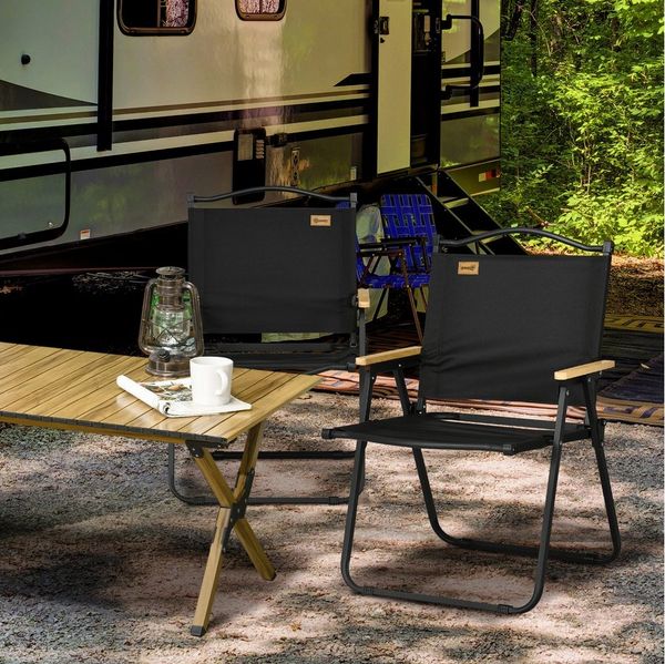 Outsunny Campingstuhl 2er Set faltbarer Gartenstuhl mit Stahlrahmen (Holzoptik, Klappsessel für Pool, Strand, 2 St), Oxfordstoff, Schwarz