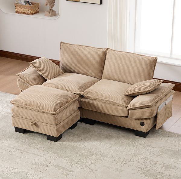 2-Sitzer Sofa 190 x 132 x 84 cm mit Hocker – Corduroy in Khaki, USB-C-Anschluss und Seitentaschen
