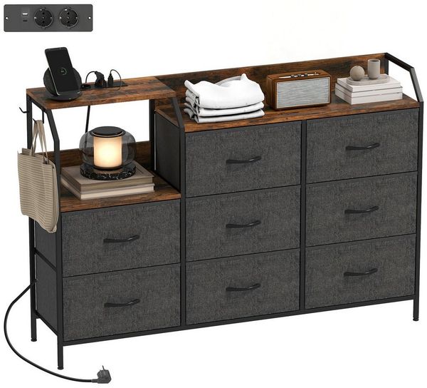 HOMCOM Kommode mit 8 Schubladen aus Vliesstoff Ladestation Haken Stahlrahmen (Schubladenschrank, 1 St, Aufbewahrungsschrank), für Flur, Schlafzimmer, Wohnzimmer, Rustikal-Braun+Schwarz