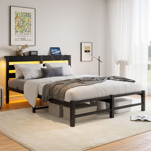 Flieks Doppelbett 140 x 190cm mit LED & USB-Ladestation, Metallbett mit hölzernem Kopfteil & Unterbett-Stauraum, Schwarz