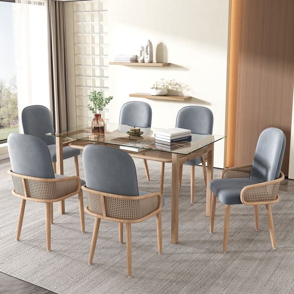Esszimmerstuhl, Samt mit Rattan-Design, 6er-Set, Metallgestell, 32x45x90 cm, Grau