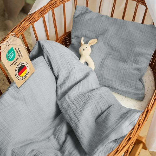 Laleni Baby Bettwäsche 80x80 cm aus Baumwolle - Musselin Bettwäsche Baby 80x80 + Musselin Kissenbezug 35x40 cm - Oeko-TEX zertifizierte Sommerbettwäsche - Blau Baumwolle