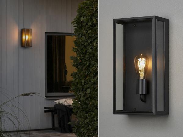 Große LED Außenwandlaterne aus Stahl Schwarz mit Klarglas, Höhe 40cm