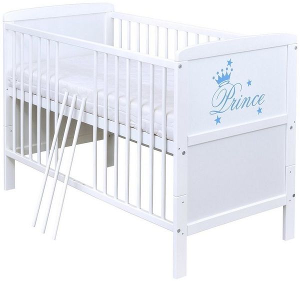 Baby-Delux Babybett Natalie Prince, Kinderbett Gitterbett 140x70 weiß mit Beißschienen, Matratze umbaubar