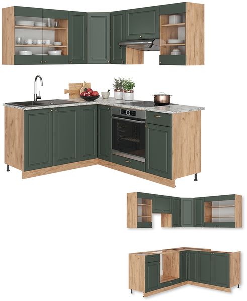 Eckküche Fame-Line Grün-Gold Landhaus/Goldkraft Eiche 190 x 160 cm ohne Arbeitsplatte Vicco Bild 5