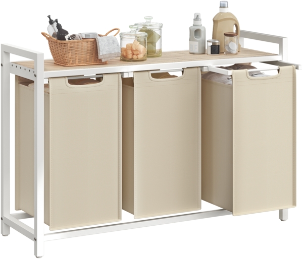 VASAGLE Wäschekorb 3 Fächer, Wäschesammler mit Ablage, Wäschebox, Wäschesack ausziehbar abnehmbar, 3 x 40 L, beige