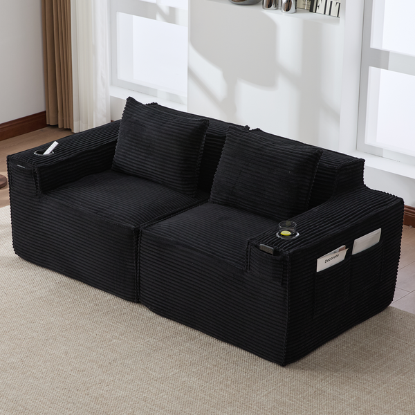 Modulares 2-Sitzer Cordsofa, Getränkehalter, Seitentaschen, Federkern, Schwarz