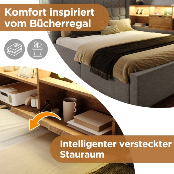 Merax Polsterbett 140x190 cm Doppelbett mit LED-Beleuchtung, hydraulischem Stauraum, L-förmigem Kopfteil mit Stauraum, beidseitig montierbar, Leinen, Grau (Ohne Matratze) Bild 7