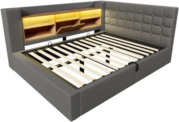 Merax Polsterbett 140x190 cm Doppelbett mit LED-Beleuchtung, hydraulischem Stauraum, L-förmigem Kopfteil mit Stauraum, beidseitig montierbar, Leinen, Grau (Ohne Matratze) Bild 9