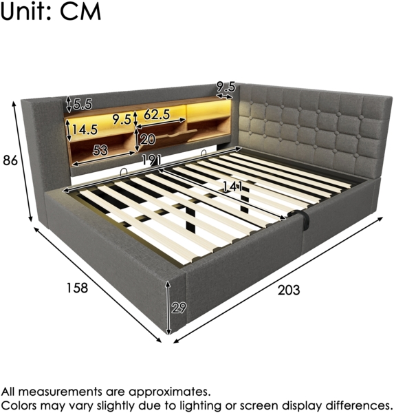 Merax Polsterbett 140x190 cm Doppelbett mit LED-Beleuchtung, hydraulischem Stauraum, L-förmigem Kopfteil mit Stauraum, beidseitig montierbar, Leinen, Grau (Ohne Matratze) Bild 4