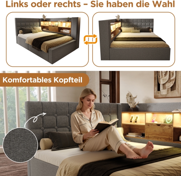 Merax Polsterbett 140x190 cm Doppelbett mit LED-Beleuchtung, hydraulischem Stauraum, L-förmigem Kopfteil mit Stauraum, beidseitig montierbar, Leinen, Grau (Ohne Matratze) Bild 3