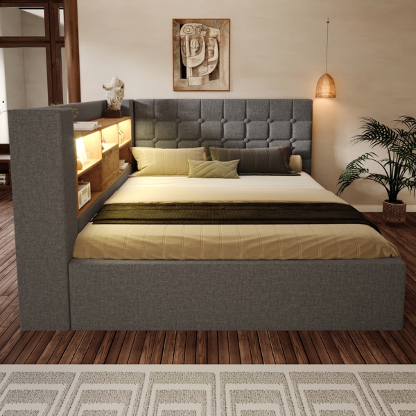 Merax Polsterbett 140x190 cm Doppelbett mit LED-Beleuchtung, hydraulischem Stauraum, L-förmigem Kopfteil mit Stauraum, beidseitig montierbar, Leinen, Grau (Ohne Matratze) Bild 2