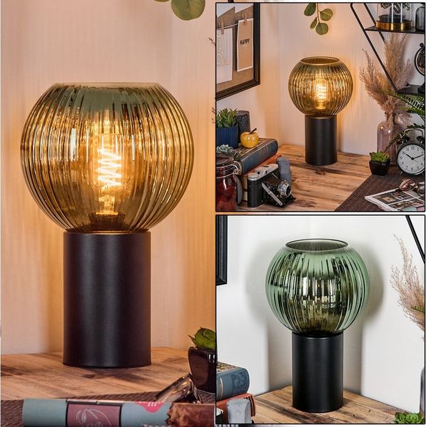 hofstein Tischleuchte Tischlampe aus Metall/Riffelglas in Schwarz/Grün, ohne Leuchtmittel, Leuchte im Retro/Vintage-Design mit Glasschirm (20 cm), E27