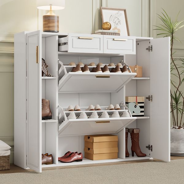 Schuhschrank B120 x T24 x H107 cm in Weiß, aus MDF und Spanplatte, mit 2 Schubladen und verstellbaren Einlegeböden