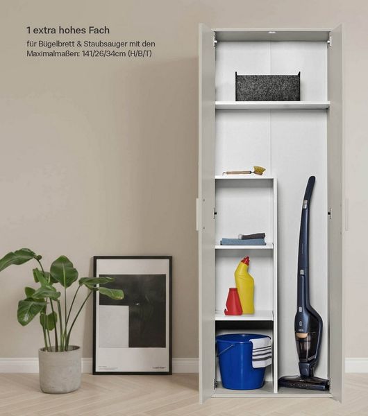 mokebo Mehrzweckschrank Der Lange (60x180 cm, mit Staubsaugerfach) Besenschrank, Putzschrank, Flurschrank, Haushaltsschrank in Beige Grau