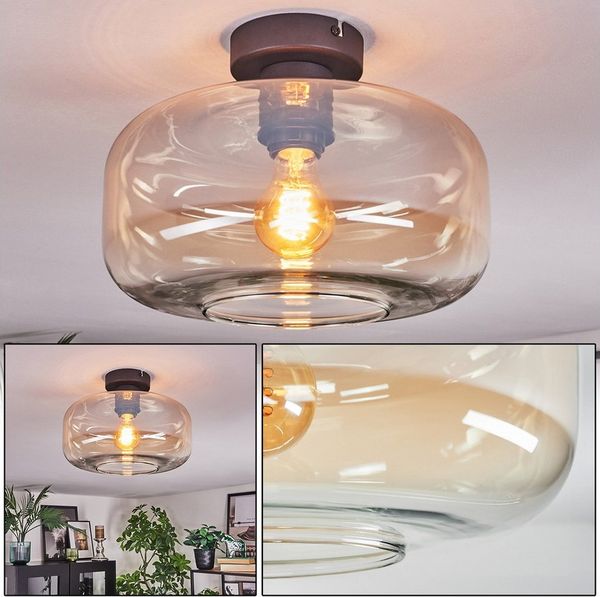 hofstein Deckenleuchte 1-flammige Deckenlampe aus Metall/Glas in Schwarz/Bernsteinfarben/Klar, ohne Leuchtmittel, im Retro/Vintage-Design (Schirm Ø 28 cm), E27