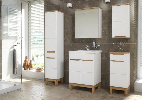 Badmöbel Set 5-tlg Badezimmerset DEVI Weiß HGL inkl. Waschtisch 60 cm