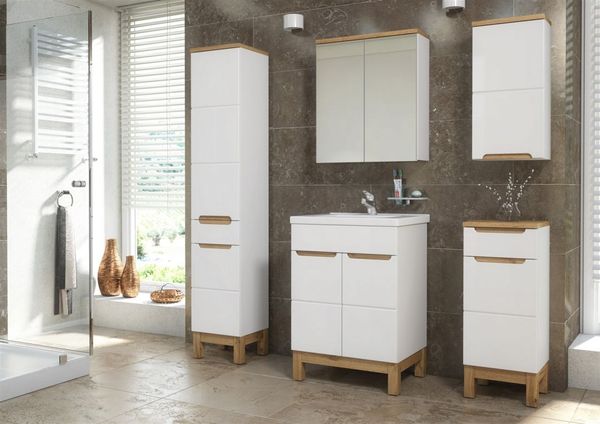Badmöbel Set 5-tlg Badezimmerset DEVI Weiß HGL inkl. Waschtisch 60 cm