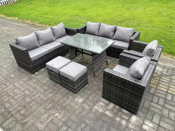 Fimous Rattan Garten Outdoor Möbel Sofa Garten Esstisch Set mit Patio Esstisch 2 Sesseln 2 kleine Fußhockern 10-Sitzer Dunkelgrau Gemischt