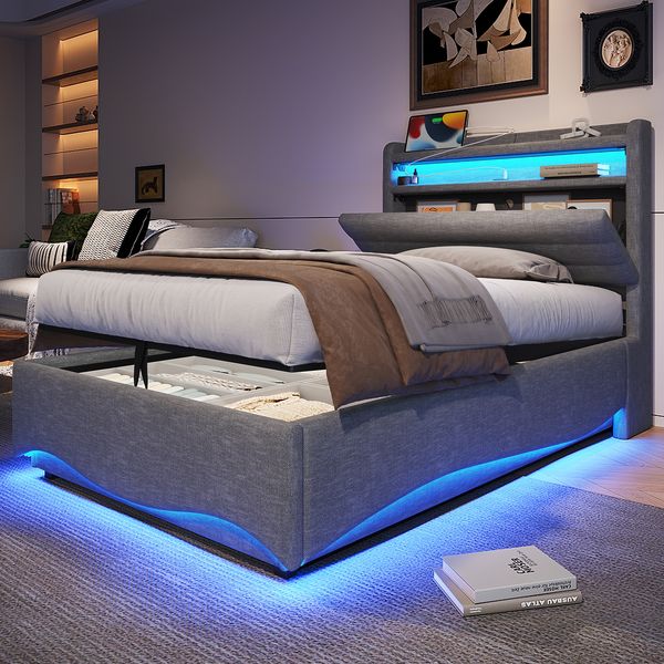 Polsterbett, 90 x 200 cm, ohne Matratze, mit LED-Beleuchtung, mit Hydraulikmechanismus, mit USB- und Typ-C-Anschlüssen, Ablagefach, Ablagen für Gegenstände, Leinenstoff, Grau