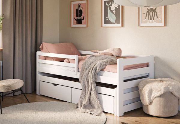 Kids Collective Jugendbett Einzelbett Kinderbett 90x200 cm, Lattenrost, Rausfallschutz Vollholz, 200x900 mit Rausziehbett 190x90 mit zwei Schubladen und Matratzen, weiß