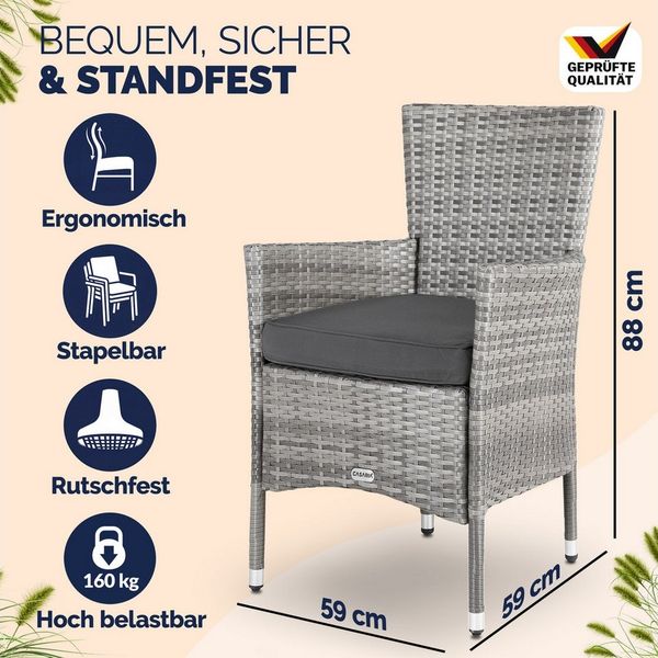 Casaria Gartenstuhl (2 St), Polyrattan 2er Set Stapelbar 7cm Auflagen 160kg Belastbarkeit