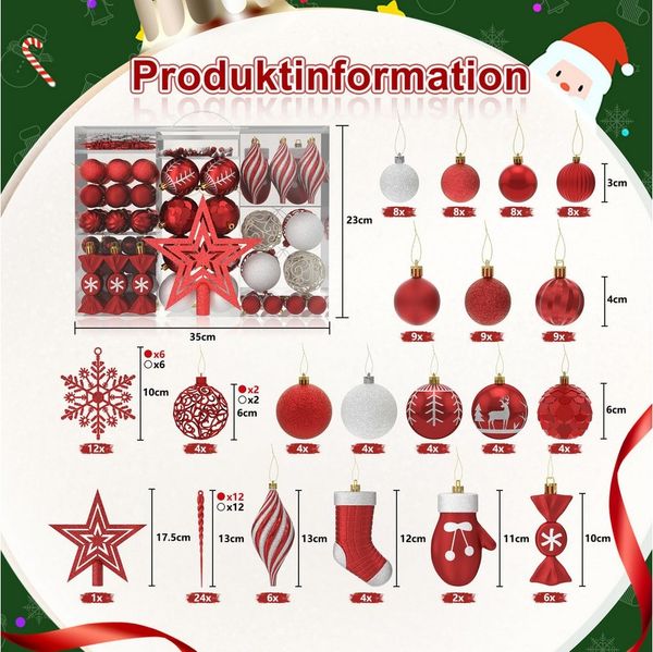 FIVMEN Weihnachtsbaumkugel Weihnachtskugeln Kunststoff 138 Stück mit Stern Spitze, Mehrere Farboptionen Christbaumschmuck