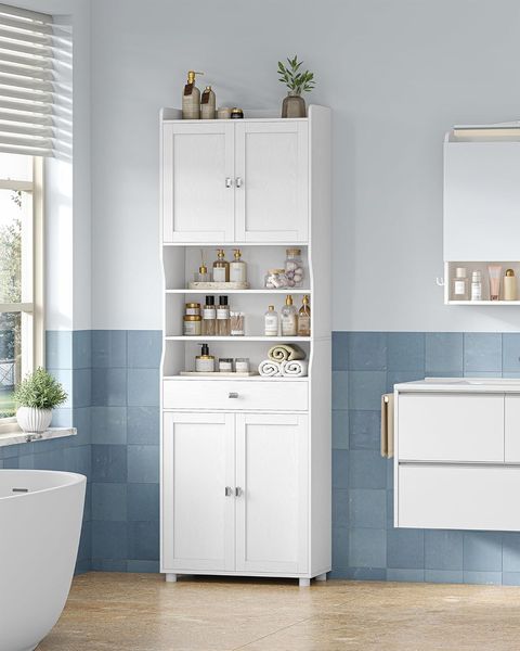 Badezimmerschrank, Hoher Badschrank mit 4 Türen und 1 Schublade, Beistellschrank mit Verstellbaren Ablage und 3 Offenen Fächern, für Wohnzimmer, Badezimmer 28 x 60 x 180 cm Weiß
