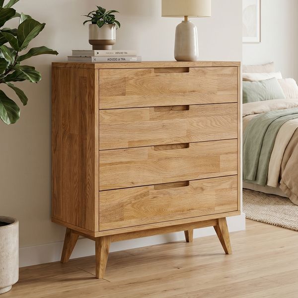 skølm 'Floki' Kommode, aus massivem Eichenholz, mit 4 Schubladen, mit Holzfüßen, hochwertiges Sideboard, natur geölt