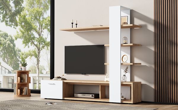 TV-Wandschrank Weiß Holzdekor für Fernseher bis 60 Zoll, Entertainment-Center mit offenen Regalen und Tür, schwebende Bücherregale