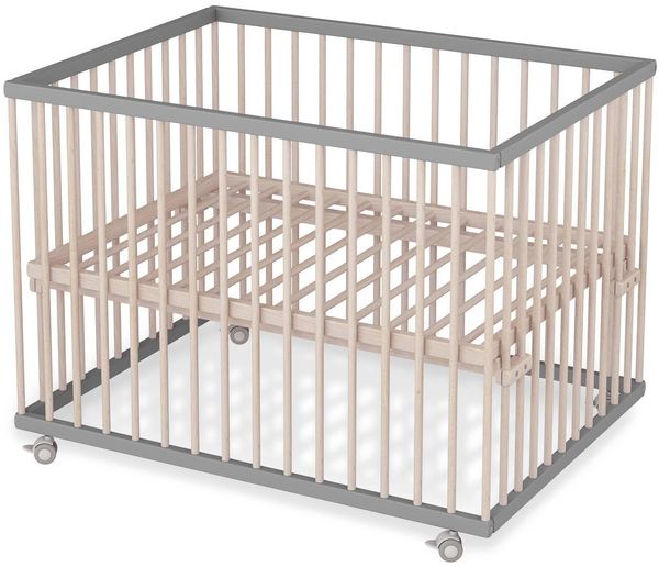 Sämann Laufstall Baby mit Lattenrost | stufenlos höhenverstellbar | Laufgitter Premium | Babybett aus Holz | Krabbelgitter (grau/natur, 75x100 cm)