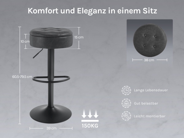 Woltu Barhocker (2 St), Sitzhocker mit Stauraum, höhenverstellbar, 360° drehbar, Kunstleder Bild 2