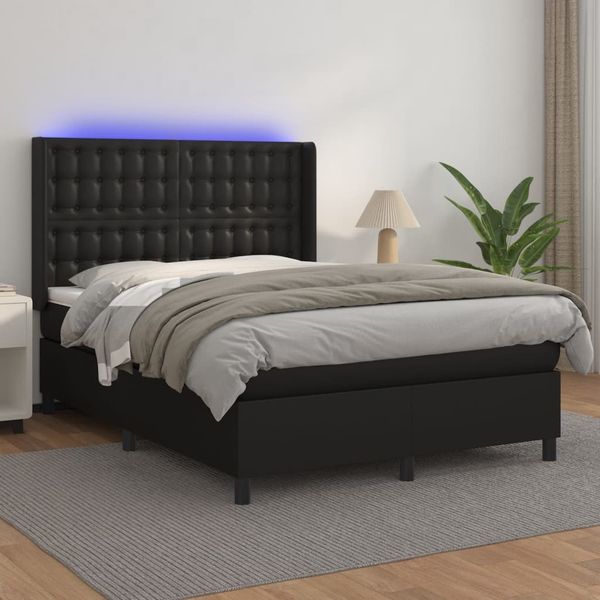 vidaXL Boxspringbett mit Matratze & LED Schwarz 140x200 cm Kunstleder 3139385
