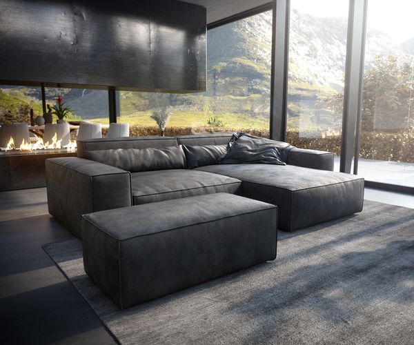 Delife 'Sirpio XL' Ecksofa mit variabler Recamiere, 270x170 cm, Anthrazit, Kunstleder, mit Hocker