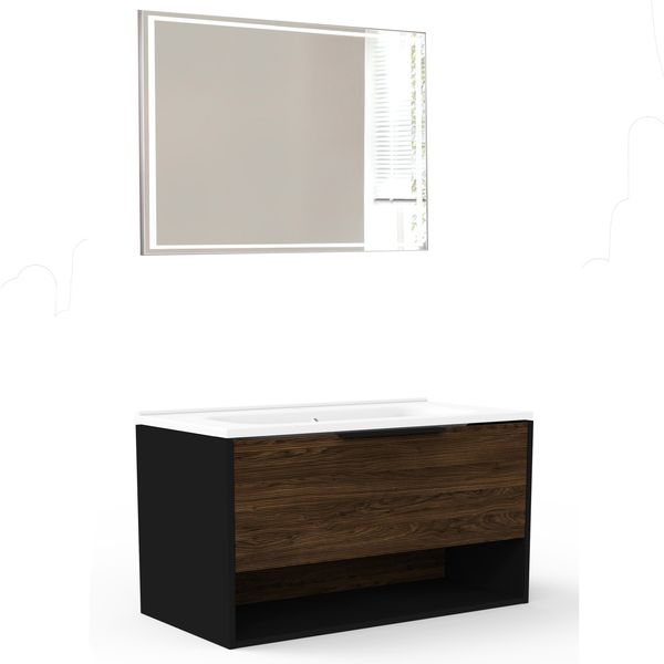 FACKELMANN B.PARIS Waschtisch Set mit Spiegel 90 cm breit, Braun dunkel/Schwarz, Waschbecken Gussmarmor Weiß