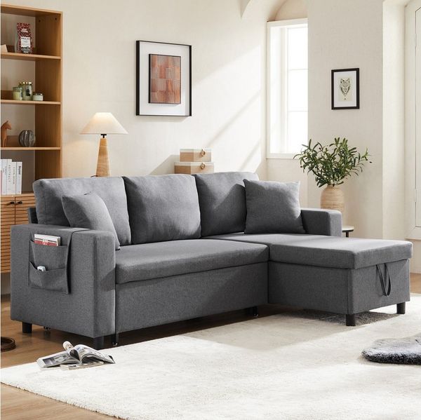 REDOM Schlafsofa Ecksofa mit hoher Rückenlehne, Wohnzimmer Sofa, mit Stauraum unter Sitz, Seitentaschen