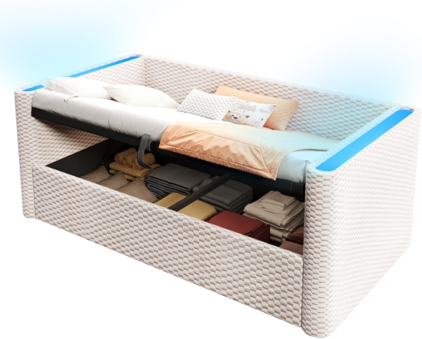 Merax Einzelbett 90x200 cm, Polsterbett Tagesbett, Daybett, Schlafsofa, mit LED-Beleuchtung, mit hydraulischem Stauraummechanismus, , Samt, beige Bild 10