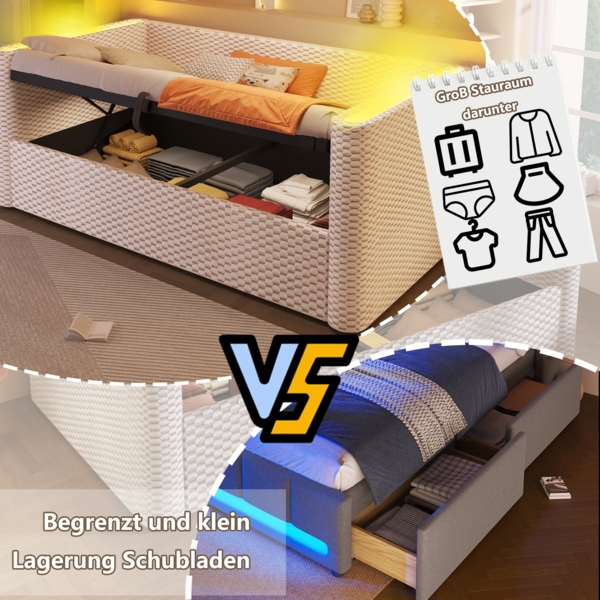 Merax Einzelbett 90x200 cm, Polsterbett Tagesbett, Daybett, Schlafsofa, mit LED-Beleuchtung, mit hydraulischem Stauraummechanismus, , Samt, beige Bild 5