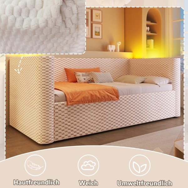 Merax Einzelbett 90x200 cm, Polsterbett Tagesbett, Daybett, Schlafsofa, mit LED-Beleuchtung, mit hydraulischem Stauraummechanismus, , Samt, beige Bild 3