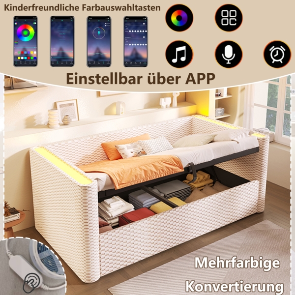 Merax Einzelbett 90x200 cm, Polsterbett Tagesbett, Daybett, Schlafsofa, mit LED-Beleuchtung, mit hydraulischem Stauraummechanismus, , Samt, beige Bild 2
